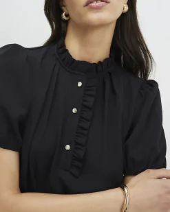 Black Frill Trim Short Sleeve Mini Dress