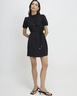 Black Frill Trim Short Sleeve Mini Dress