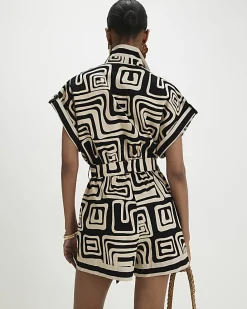 Black Geometric Print Linen Blend Playsuit