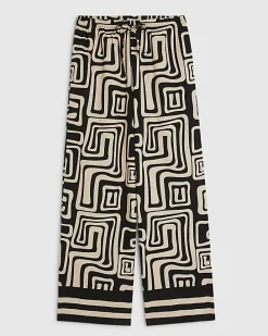 Black Geometric With Linen Wide Leg Trousers