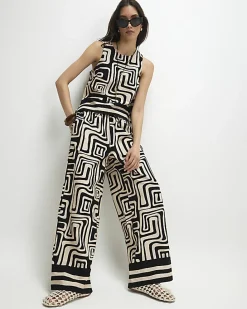 Black Geometric With Linen Wide Leg Trousers