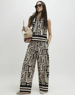 Black Geometric With Linen Wide Leg Trousers