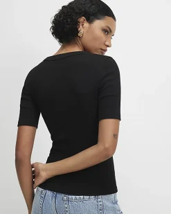 Black Henley Rib Top