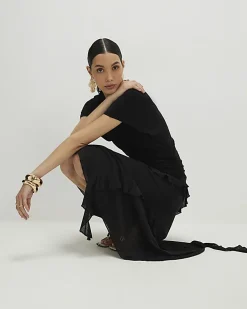 Black Hybrid T-Shirt Ruffle Midi Dress