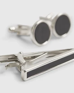 Black Inlay Cufflinks And Tiepin Set