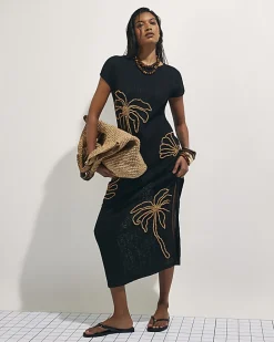 Black Knit Beaded Midi Beach Dress