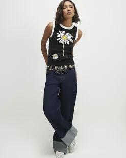 Black Knitted Daisy Sleeveless Jumper
