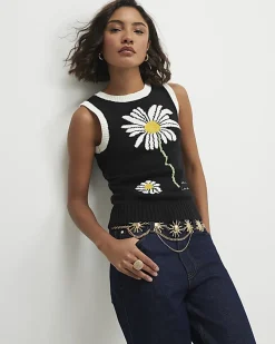 Black Knitted Daisy Sleeveless Jumper