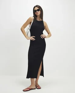 Black Knitted Racer Neck Ribbed Midi Dress