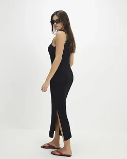 Black Knitted Racer Neck Ribbed Midi Dress