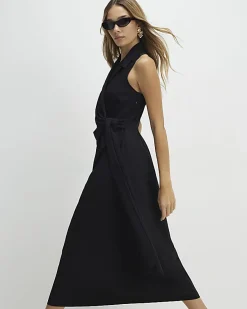 Black Knot Front Wrap Midi Dress