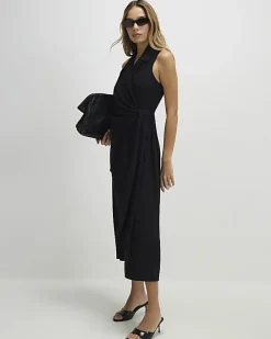 Black Knot Front Wrap Midi Dress