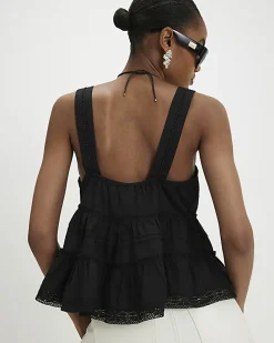Black Lace Pearl Detail Smock Cami Top