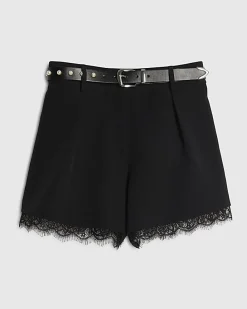 Black Lace Trim Stud Belt Shorts