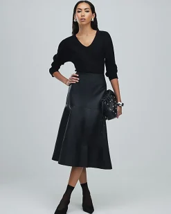 Black Leather A Line Midi Skirt
