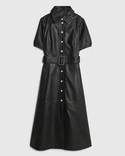 Black Leather Belted Shirt Dress