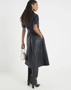 Black Leather Belted Shirt Dress