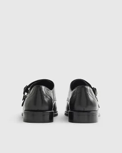 Black Leather Double Buckle Monk Shoes