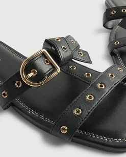 Black Leather T Bar Buckle Sandals