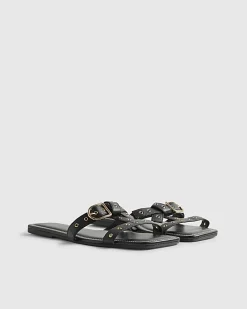Black Leather T Bar Buckle Sandals