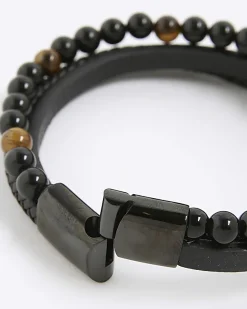 Black Leather Tigers Eye Bracelet