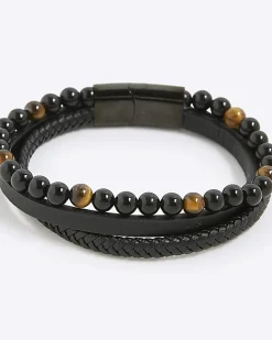 Black Leather Tigers Eye Bracelet