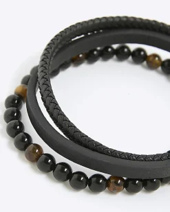 Black Leather Tigers Eye Bracelet