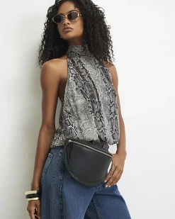 Black Leather Whiptstitch Bum Bag