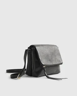 Black Leather Zip Flap Crossbody Bag
