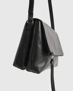 Black Leather Zip Flap Crossbody Bag