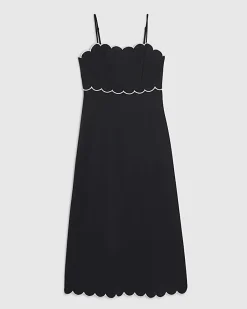 Black Linen Blend Scallop Trim Midi Dress