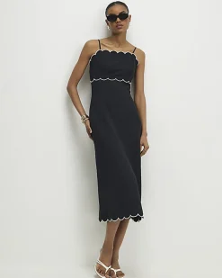 Black Linen Blend Scallop Trim Midi Dress