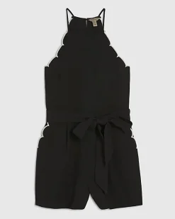 Black Linen Blend Scallop Playsuit