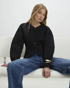 Black Long Balloon Sleeve Button Up Jacket