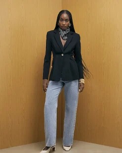 Black Long Sleeve Cinched Waist Blazer