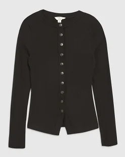 Black Long Sleeve Popper Through Ribbed Top