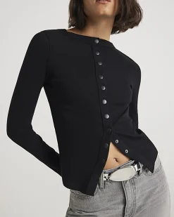 Black Long Sleeve Popper Through Ribbed Top