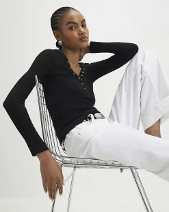 Black Long Sleeve Popper Ribbed Top