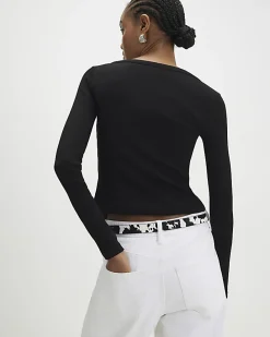 Black Long Sleeve Popper Ribbed Top