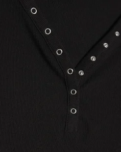 Black Long Sleeve Popper Ribbed Top