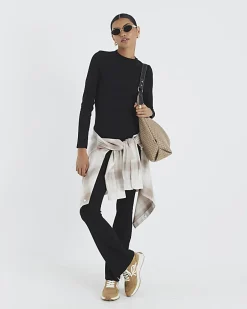 Black Long Sleeve Ribbed Crew Neck Top