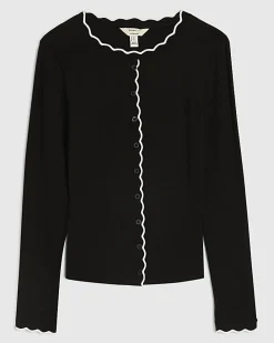 Black Long Sleeve Scallop Trim Button Top