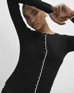 Black Long Sleeve Scallop Trim Button Top