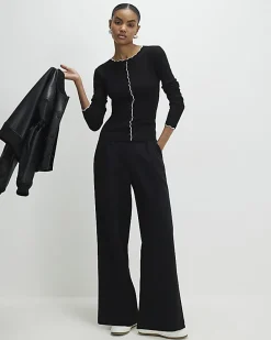 Black Long Sleeve Scallop Trim Button Top