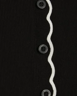 Black Long Sleeve Scallop Trim Button Top