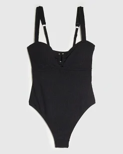Black Metal Trim Textured Swimsuit