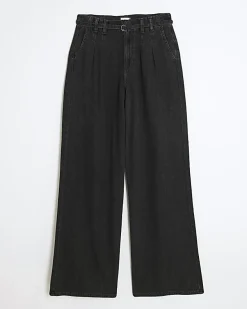 Black Mid Rise Wide Leg Tie Front Jeans