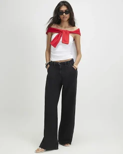 Black Mid Rise Wide Leg Tie Front Jeans