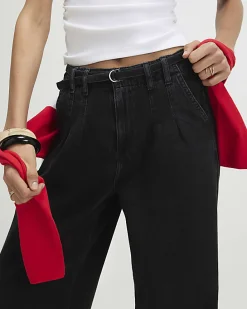 Black Mid Rise Wide Leg Tie Front Jeans