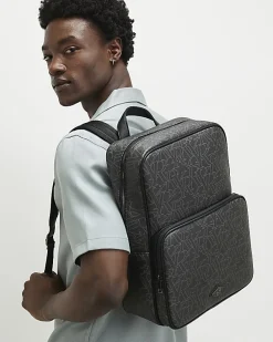 Black Monogram Faux Leather Backpack